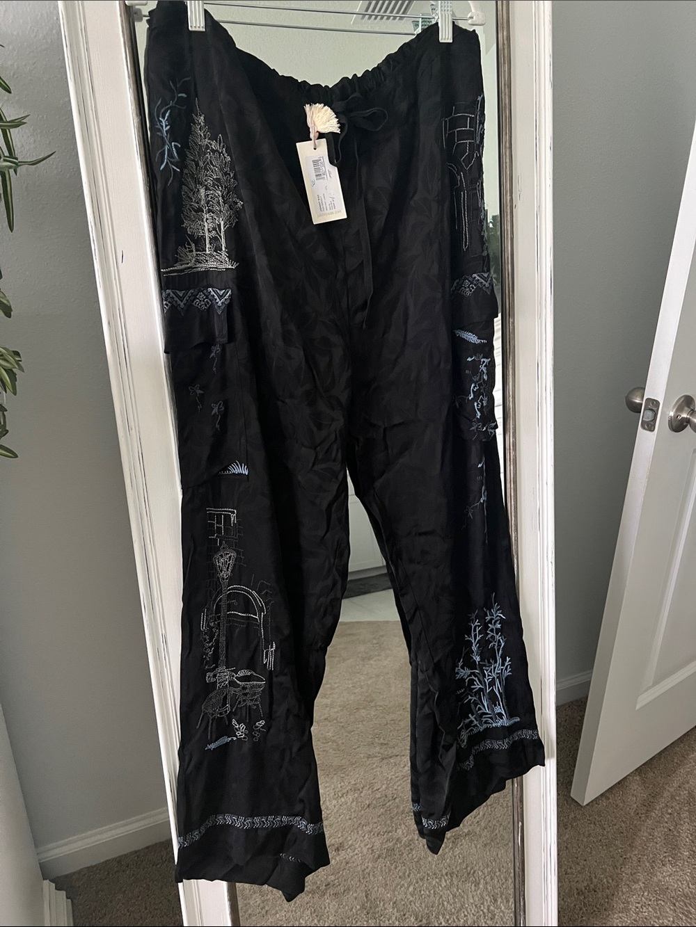 Johnny Was Black Embroidered Wide-Leg Pants with Blue Accents